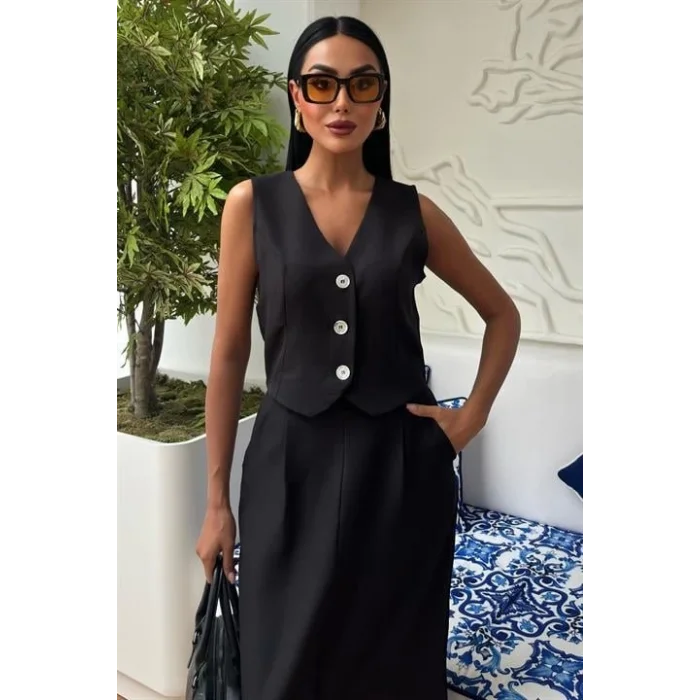 Etek Yırtmaçlı Yelekli Keten Takım 10131