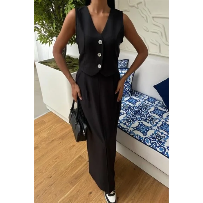 Etek Yırtmaçlı Yelekli Keten Takım 10131