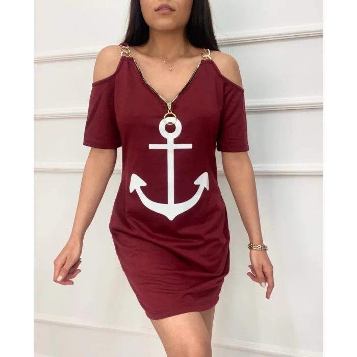 Fermuar Detay çıpa Baskılı Zincir Askılı Iki Iplik Elbise - Bordo