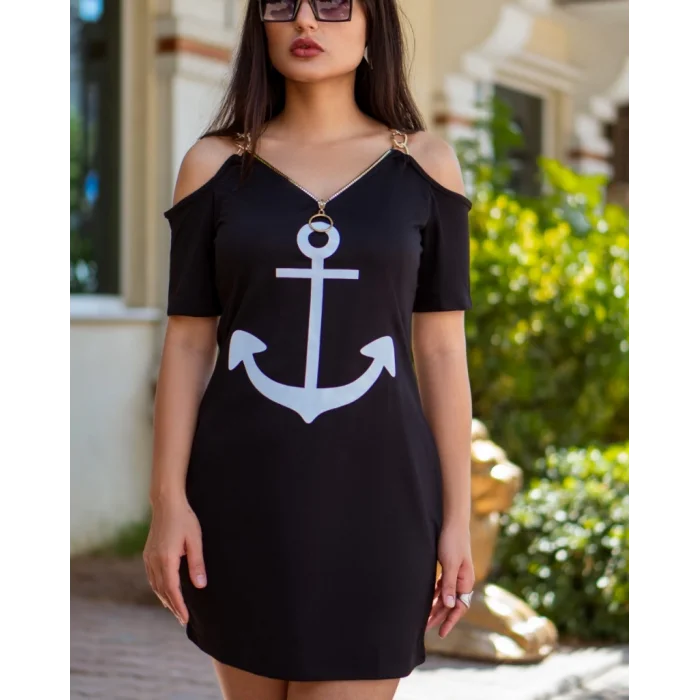 Fermuar Detay çıpa Baskılı Zincir Askılı Viskon Elbise