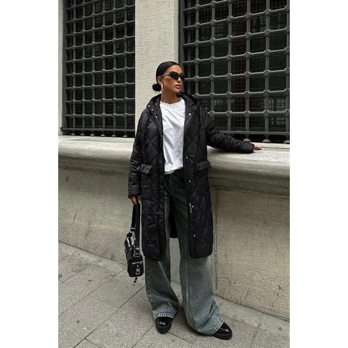 Fermuar Ve Kapşonlu Uzun Kapitone Mont 7062