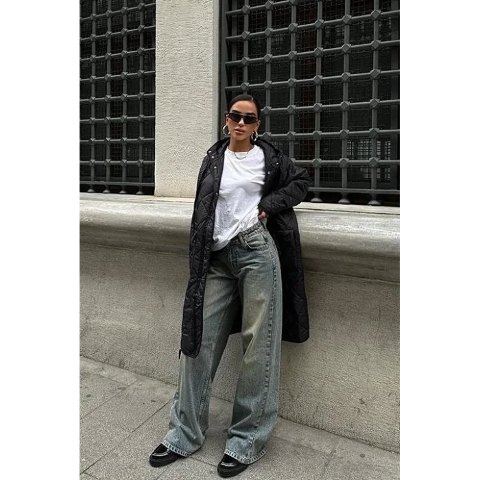 Fermuar Ve Kapşonlu Uzun Kapitone Mont 7062