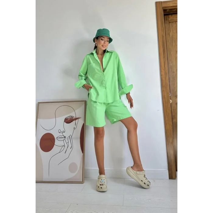 Fıstık Yeşili Önü Cepli Gömlek Ve Şort Takım