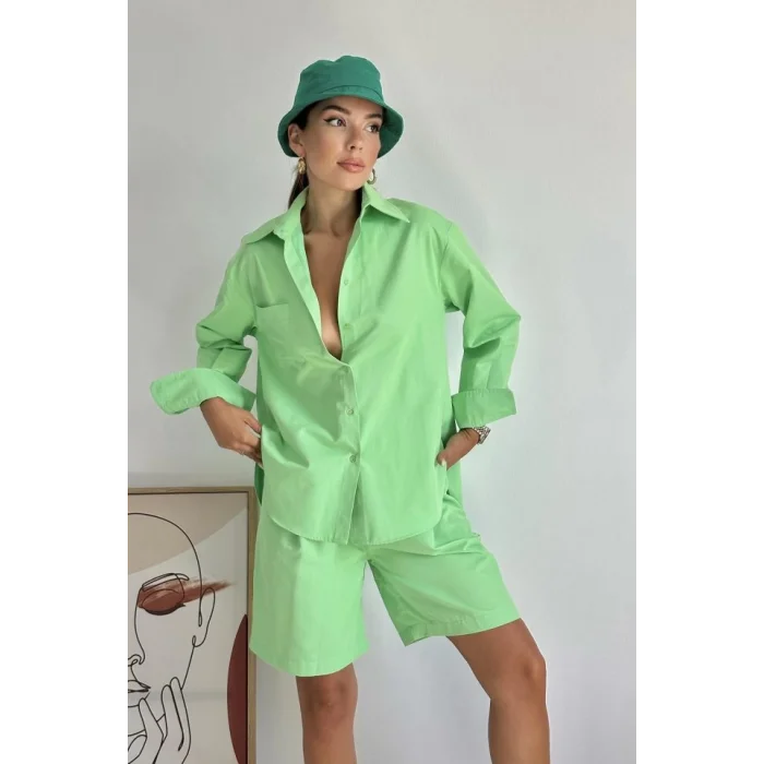 Fıstık Yeşili Önü Cepli Gömlek Ve Şort Takım