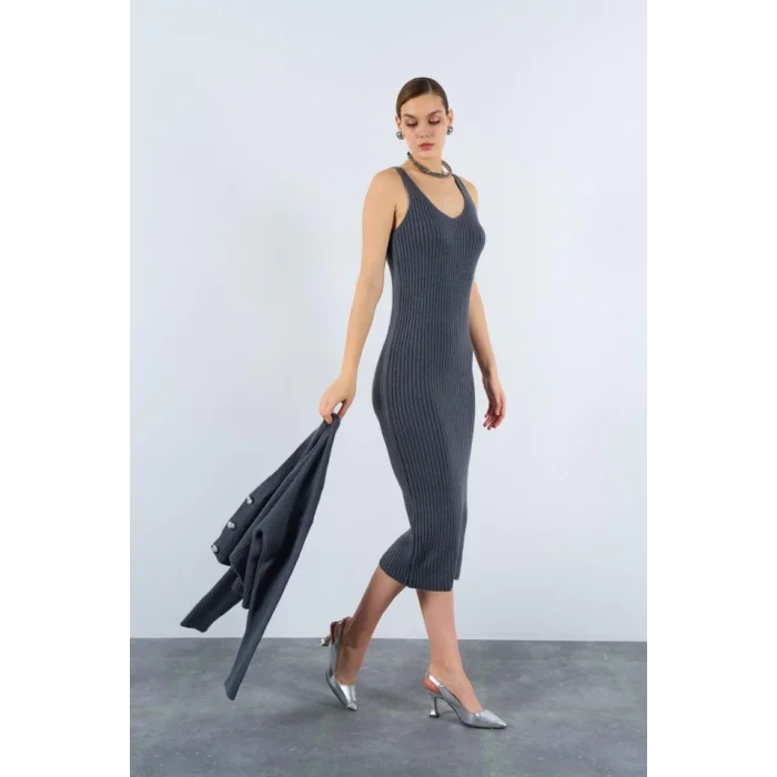 Fitilli Elbise Hırkalı Takım - Füme