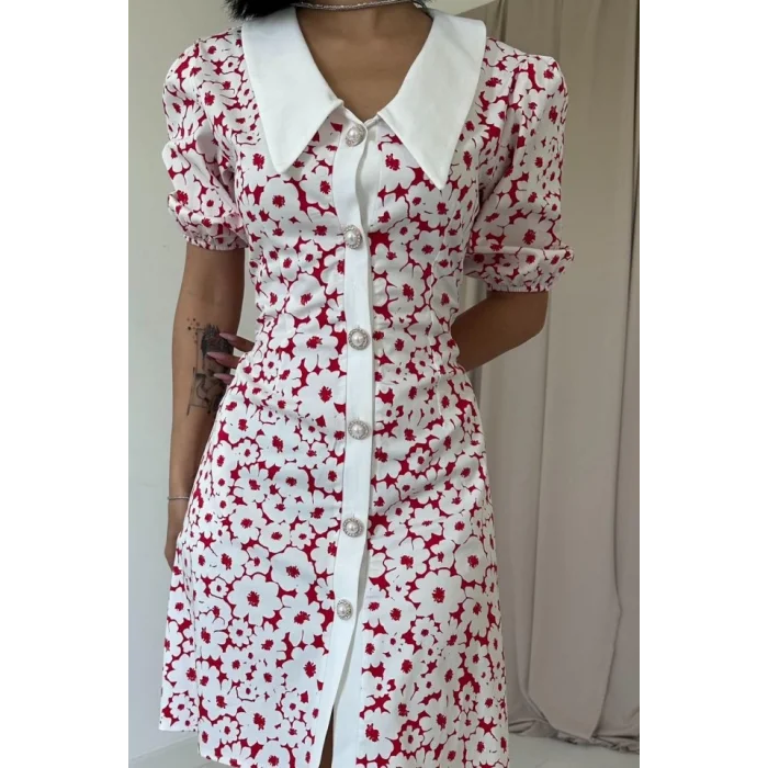 Fuşya Önlük Yakalı Poplin Elbise