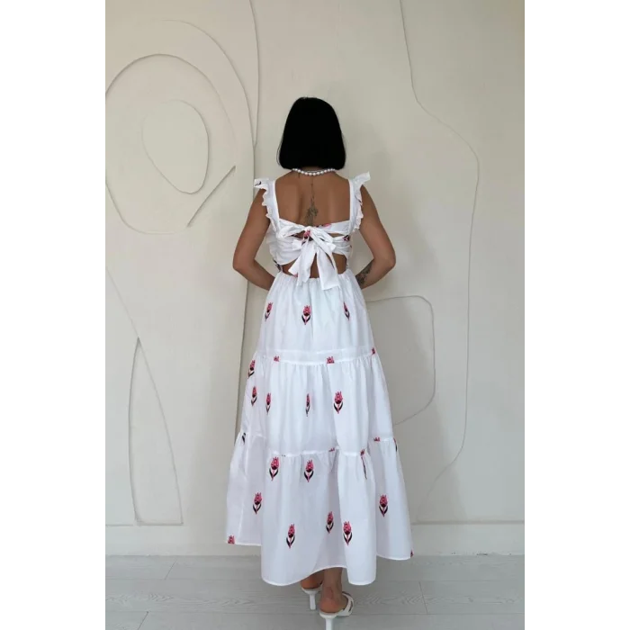 Fuşya Sıfır Kol Fırfırlı Elbise