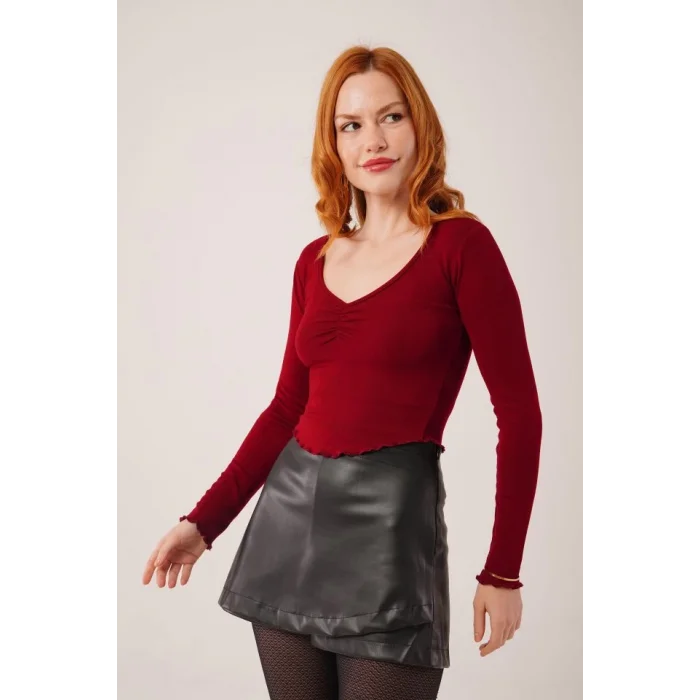 Geniş Yaka Bordo Basic Body Bluz