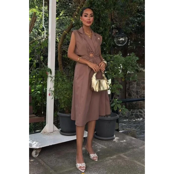 Göbeği Halka Detaylı Midi Boy Elbise 2896