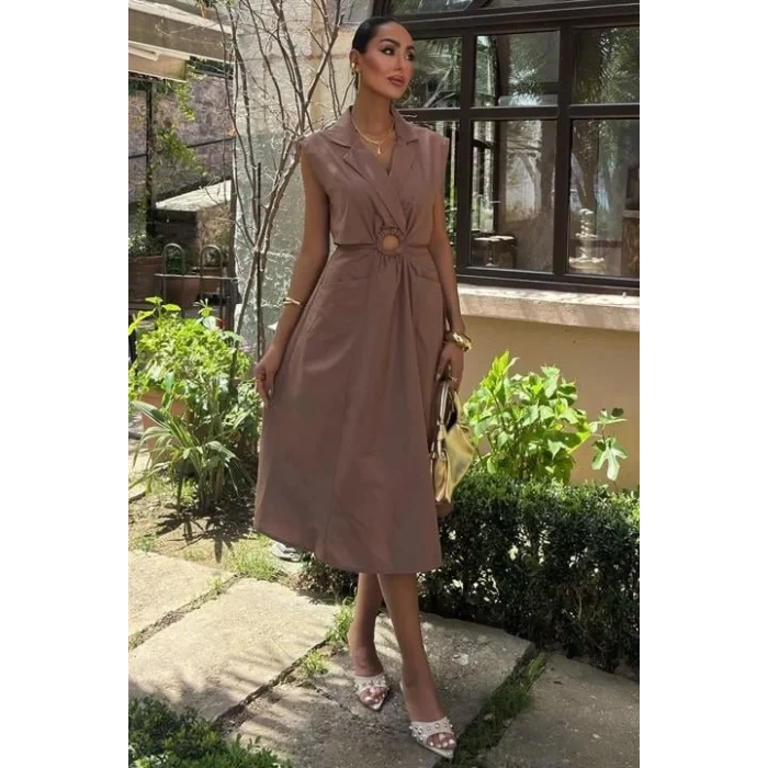 Göbeği Halka Detaylı Midi Boy Elbise 2896