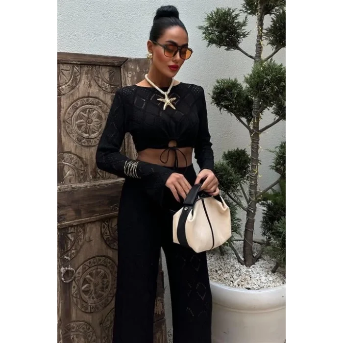 Göğüs Bağcık Detaylı Ajurlu Bluz Pantolon Takım 10098