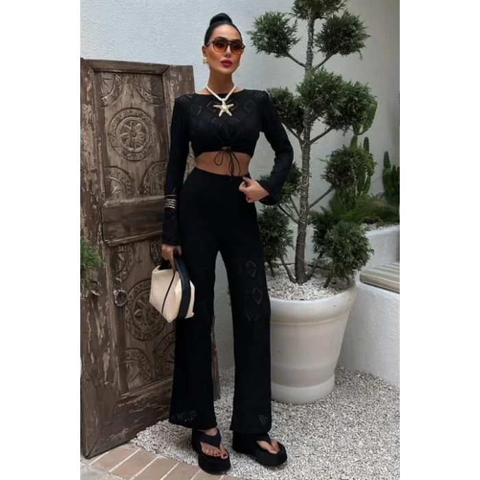 Göğüs Bağcık Detaylı Ajurlu Bluz Pantolon Takım 10098