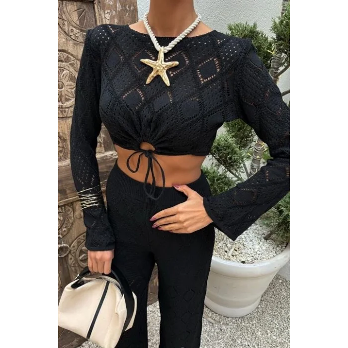 Göğüs Bağcık Detaylı Ajurlu Bluz Pantolon Takım 10098