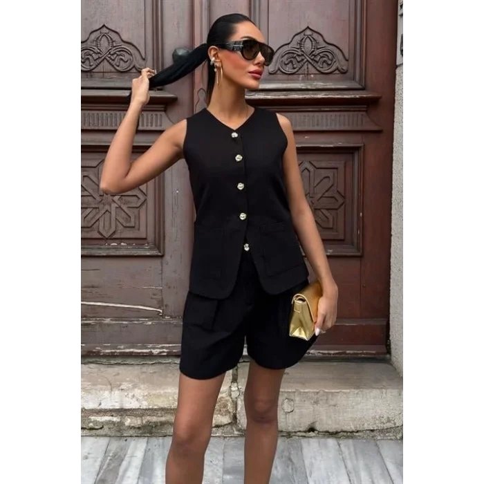 Gold Düğme Detaylı Yelek Şort Cotton Takım 10134-17