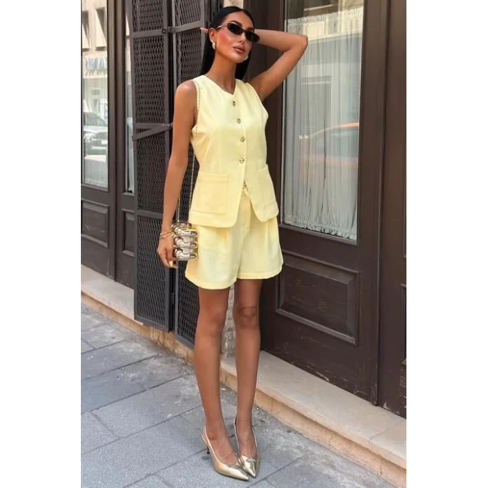 Gold Düğme Detaylı Yelek Şort Cotton Takım 10208