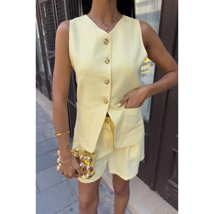 Gold Düğme Detaylı Yelek Şort Cotton Takım 10208