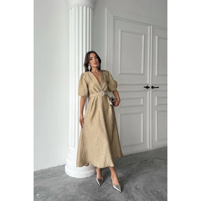 Gold Işıltılı Kemerli Kruvaze Elbise