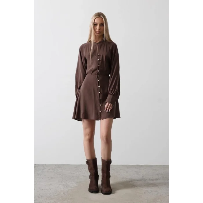 Gold Rengi Düğme Detaylı Elbise - Kahve