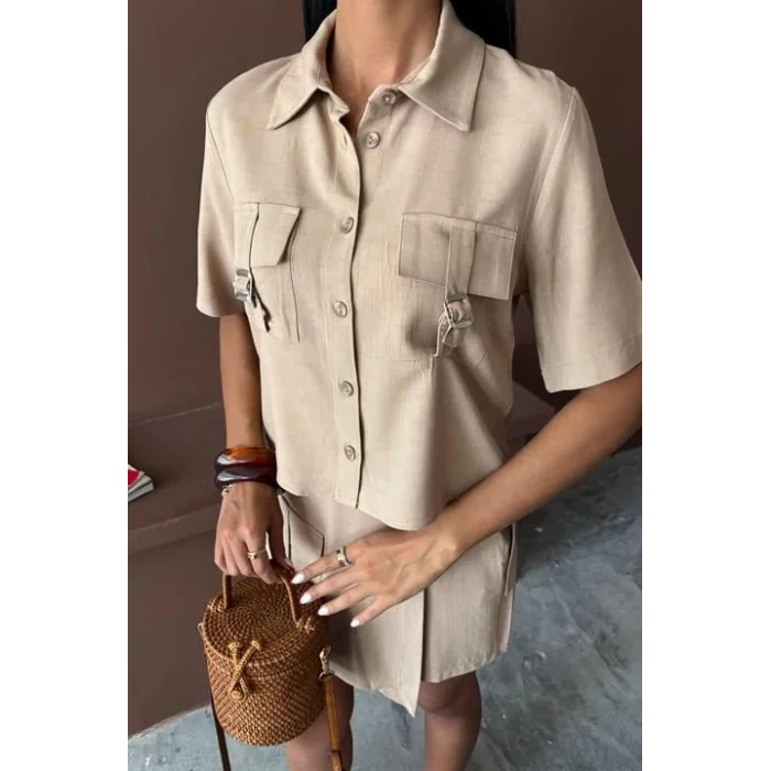 Gömlek Şort Etek Viscon Keten Takım 10162