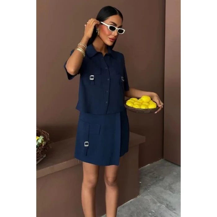 Gömlek Şort Etek Viscon Keten Takım 10162