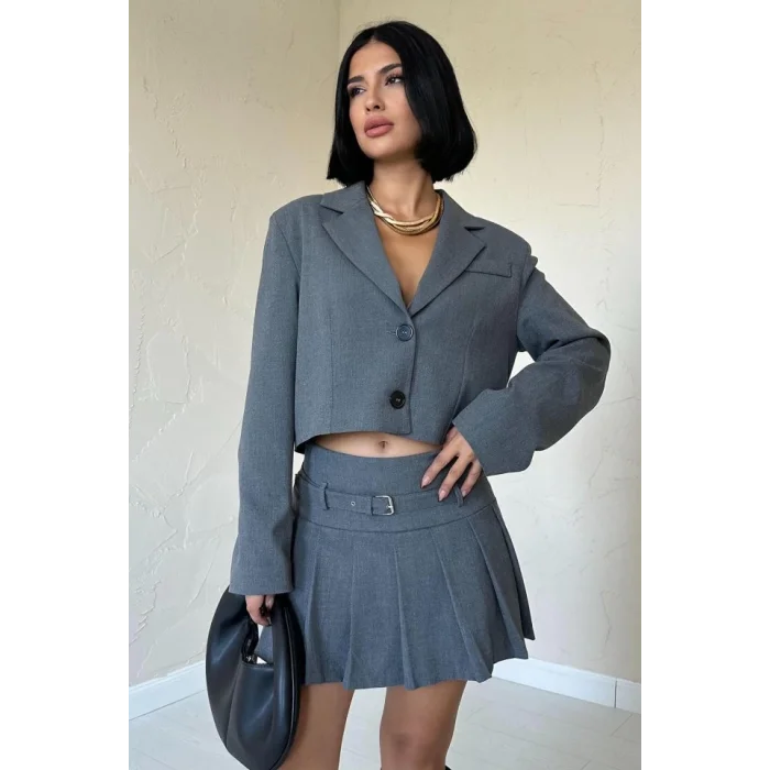 Gri Bomber Ceket Ve Pileli Etek Takım