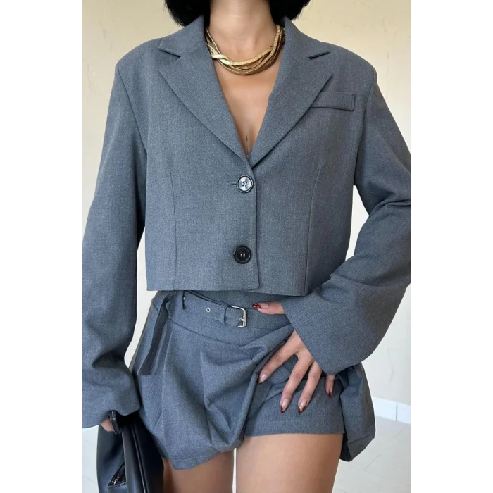 Gri Bomber Ceket Ve Pileli Etek Takım