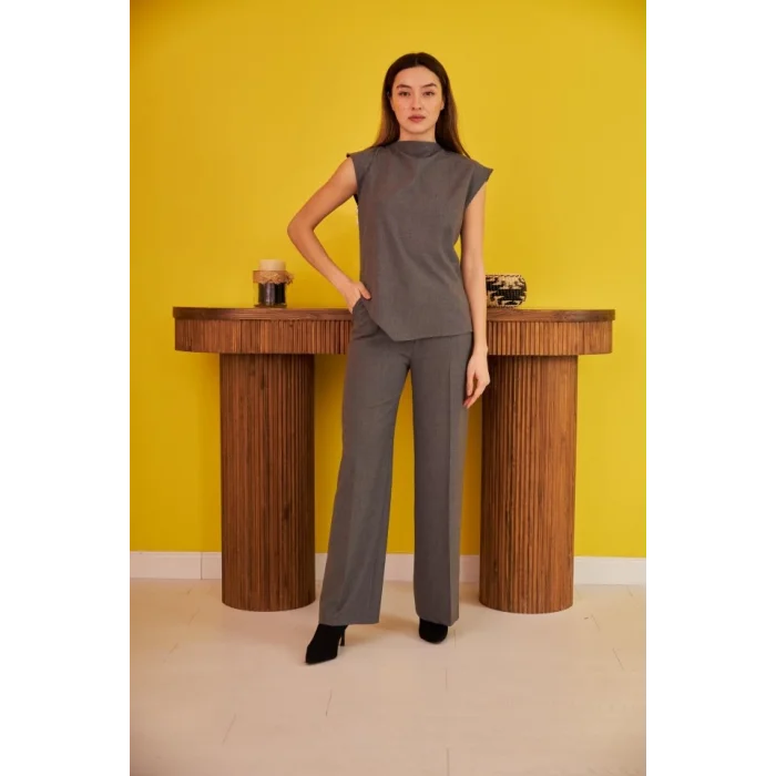 Gri Sıfır Kol Düğmeli Gömlek Takım