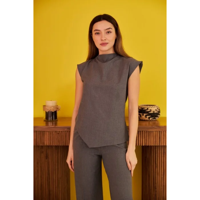 Gri Sıfır Kol Düğmeli Gömlek Takım