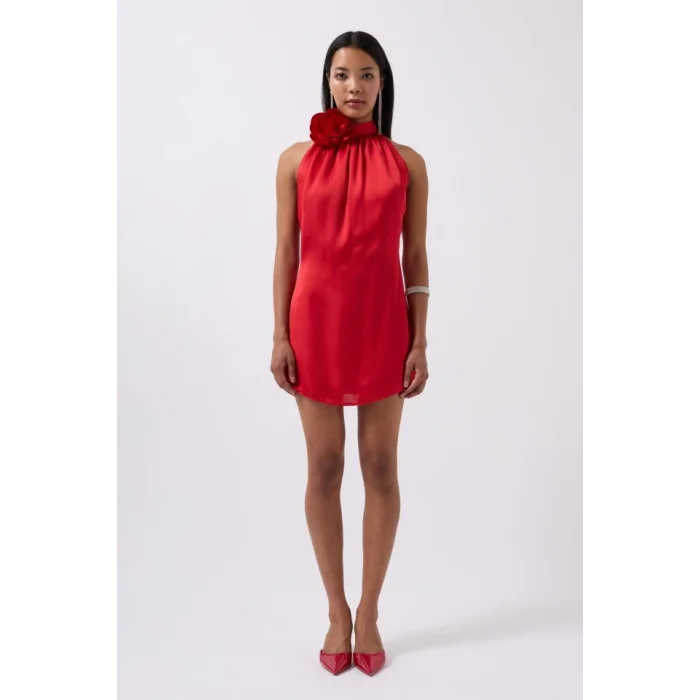 Gül Detay Mini Saten Elbise