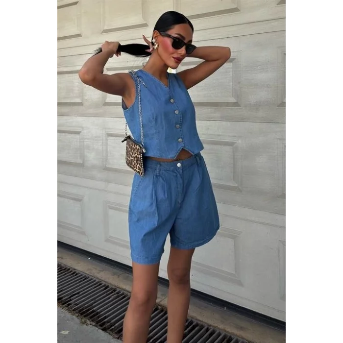 Gümüş Düğmeli Yelek Ve Şort Tensel Takım 10174