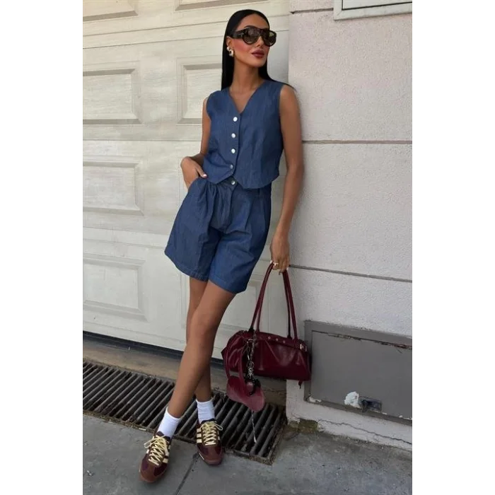 Gümüş Düğmeli Yelek Ve Şort Tensel Takım 10174