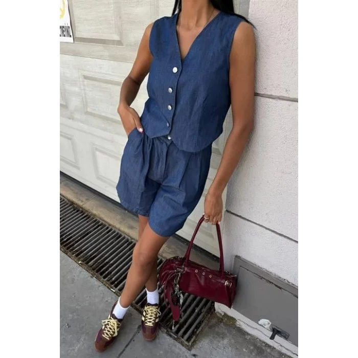 Gümüş Düğmeli Yelek Ve Şort Tensel Takım 10174