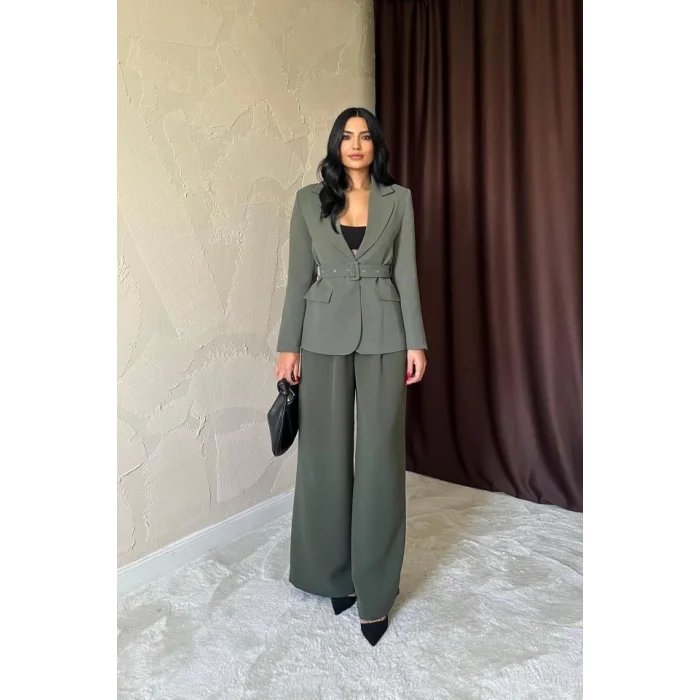 Haki Cep Kapaklı Ve Kemerli Ceket