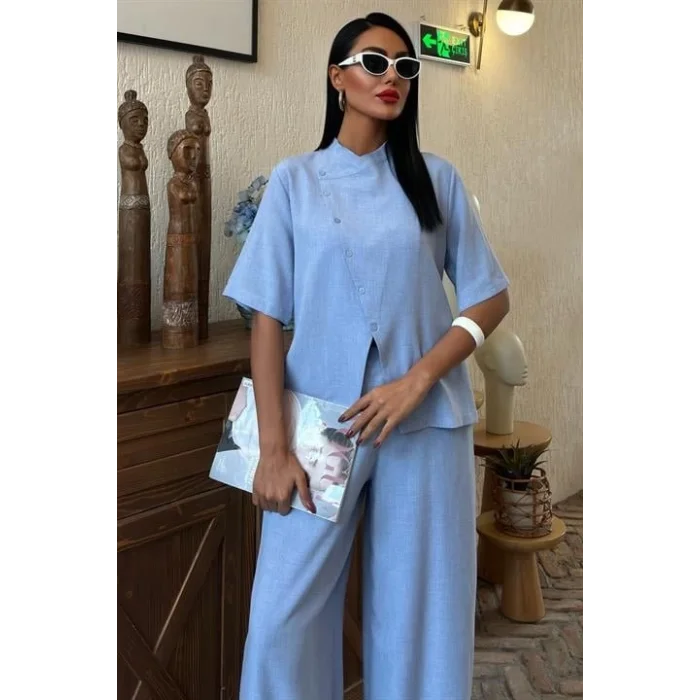 Hakim Yaka Çapraz Düğmeli Plazzo Pantolon Viscon Keten Takım 10091