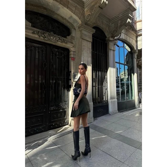 İki Parçalı Pileli Askılı Mini Elbise - Haki