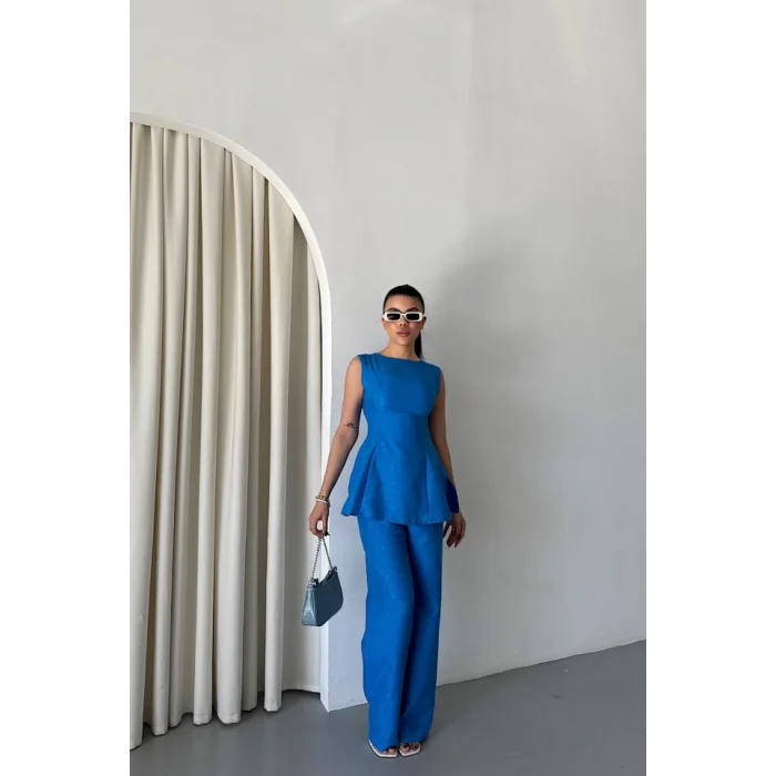 JAKAR KETEN KOLSUZ BLUZ-PANTOLON TK - Mavi