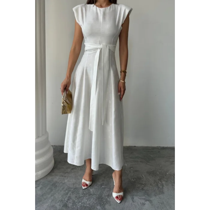 JAKAR KETEN VATKALI ELBİSE - Beyaz
