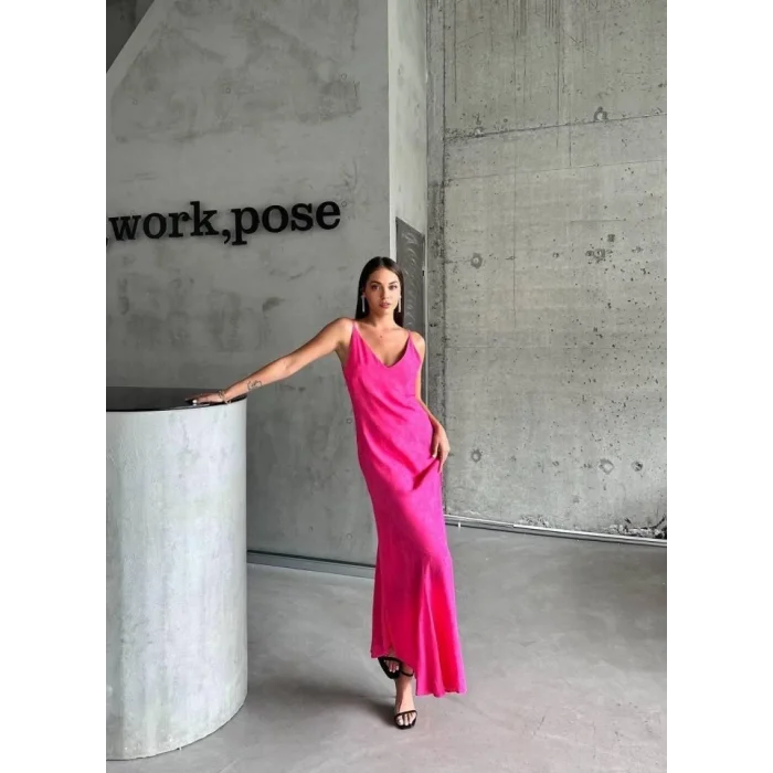 JAKARLI ASKILI SATEN ELBİSE ASİMETRİK - Pembe