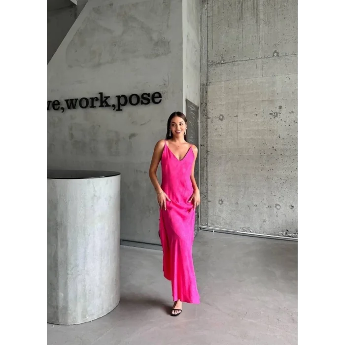 JAKARLI ASKILI SATEN ELBİSE ASİMETRİK - Pembe