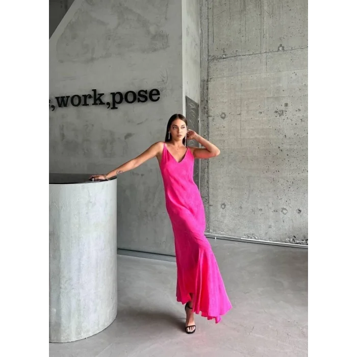 JAKARLI ASKILI SATEN ELBİSE ASİMETRİK - Pembe