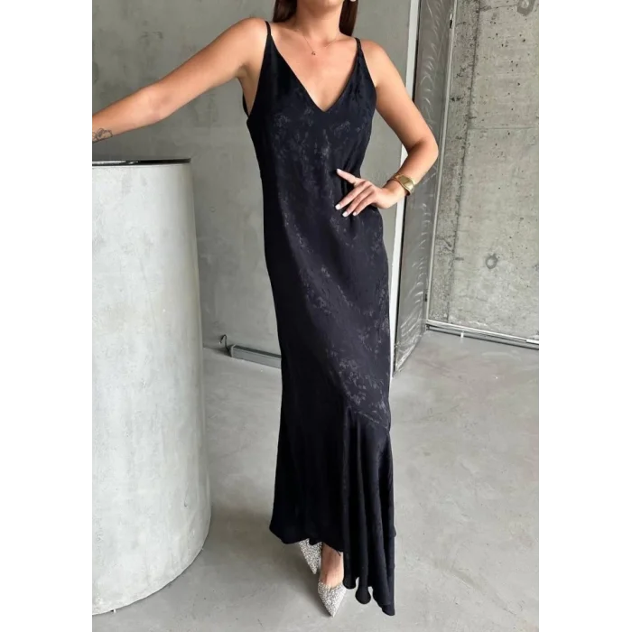 JAKARLI ASKILI SATEN ELBİSE ASİMETRİK - Siyah