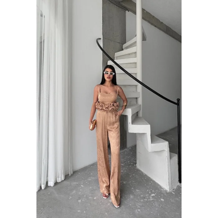 JAKARLI BLUZU TASARIM DETAYLI CEKET-PANTOLON-BLUZ 3 LÜ TAKIM - Bej