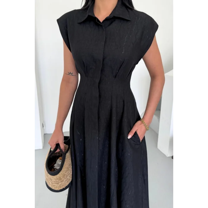 JAKARLI KETEN ELBİSE ÖNDEN YIRTMAÇLI CEPLİ - Siyah