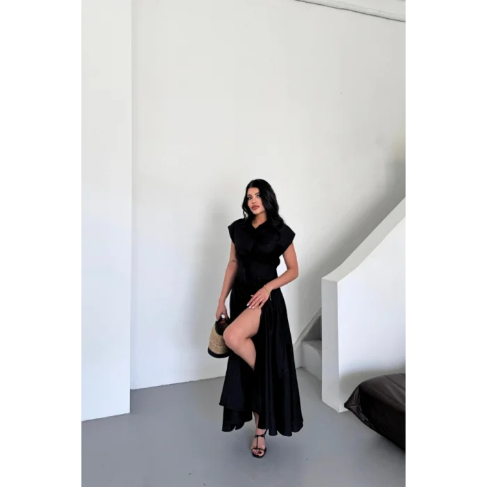 JAKARLI KETEN ELBİSE ÖNDEN YIRTMAÇLI CEPLİ - Siyah