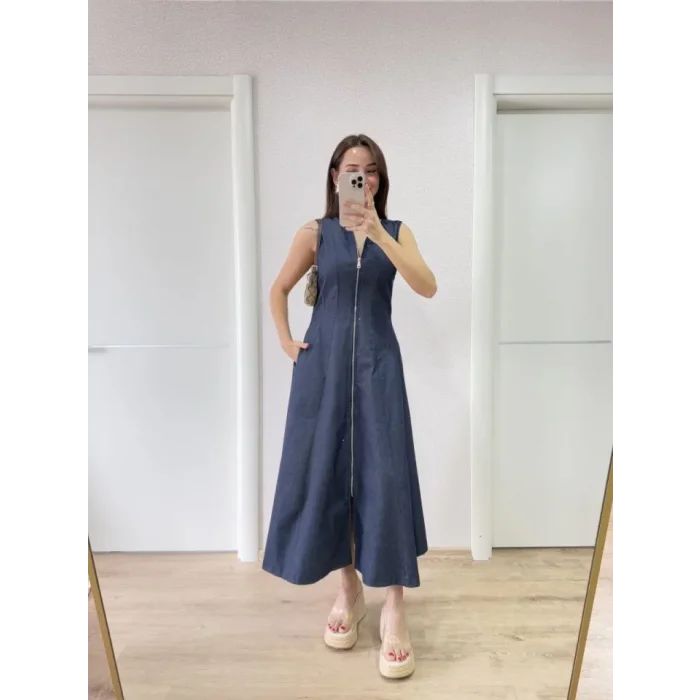 Jeans Kot Önü Tam Fermuarlı Uzun Elbise - Mavi