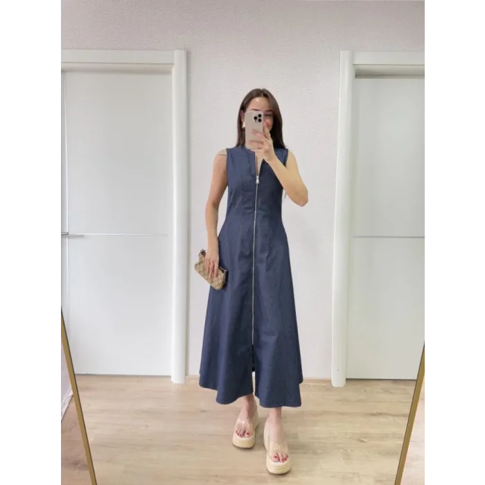 Jeans Kot Önü Tam Fermuarlı Uzun Elbise - Mavi