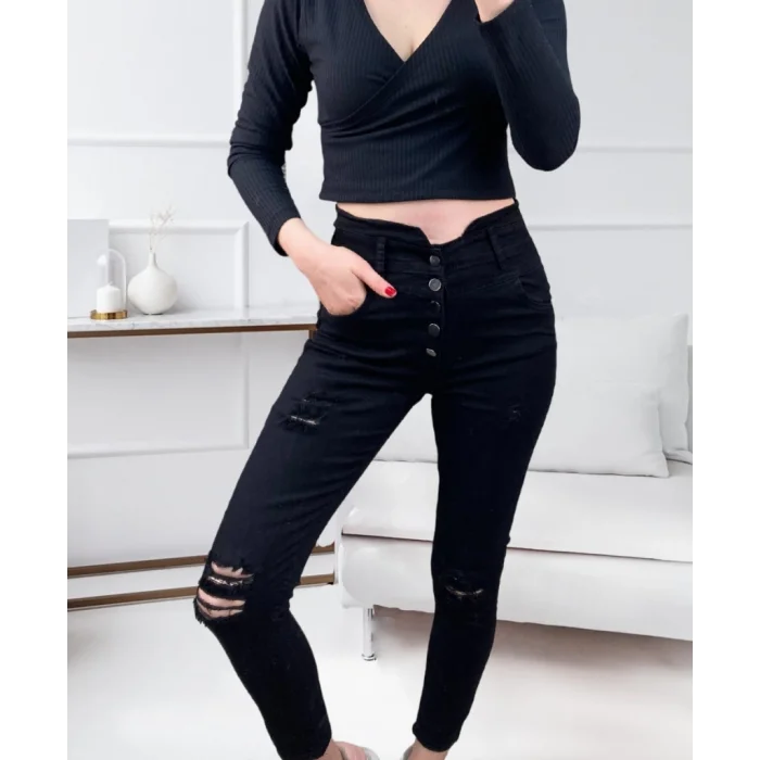 Kadın 5 Düğmeli V Detay Bel Yırtık Kot