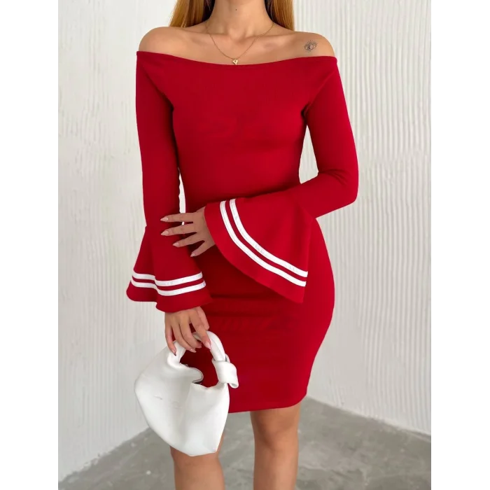 Kadın Akrilik Kumaş Ispanyol Kol Madonna Yaka Mini Elbise