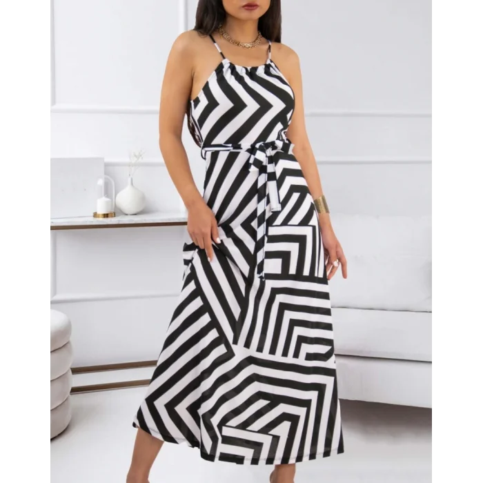 Kadın Askılı Belden Bağlamalı Geometrik Desen Krep Elbise