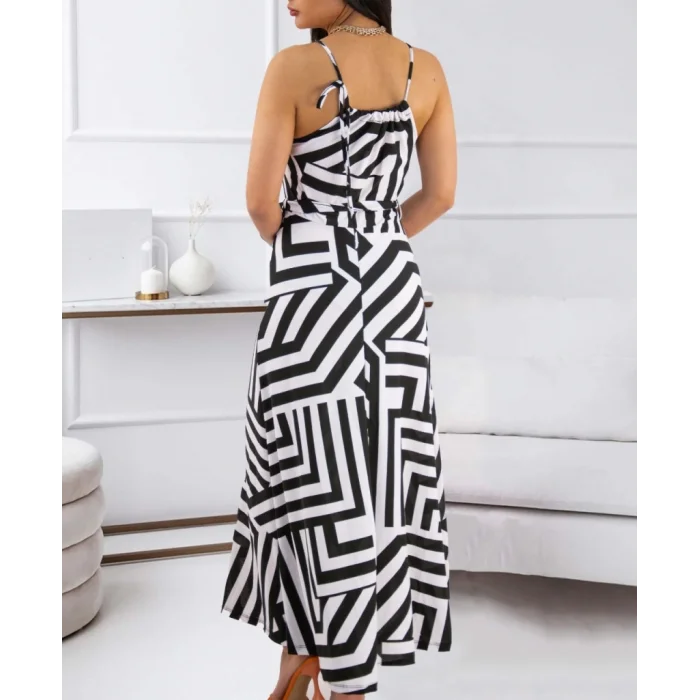 Kadın Askılı Belden Bağlamalı Geometrik Desen Krep Elbise